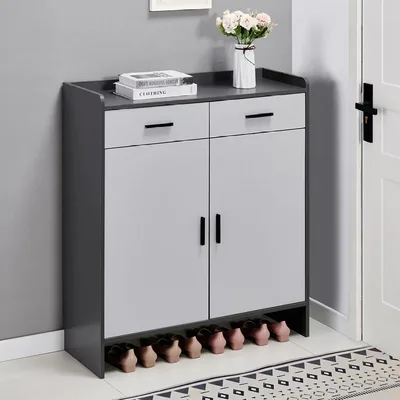 Modern Grey Two-Door Shoe Cabinet with Drawers