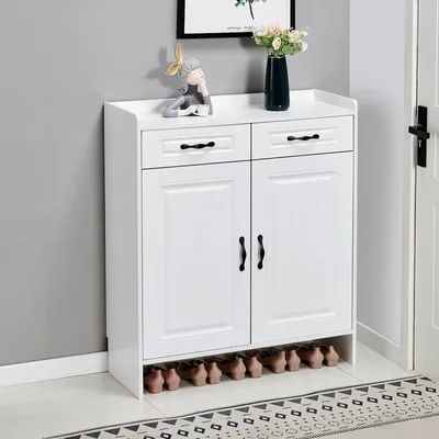 White PVC-Finished Two-Door Shoe Cabinet with Double Drawers