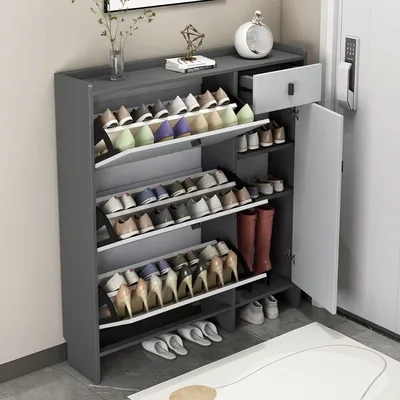 Slim Grey Four-Door Shoe Cabinet for Narrow Entryways