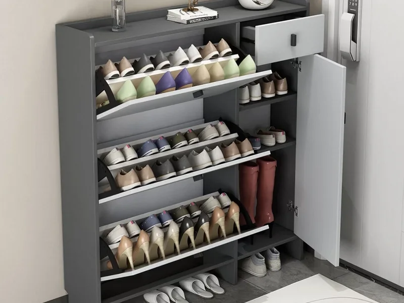 Slim Grey Four-Door Shoe Cabinet for Narrow Entryways