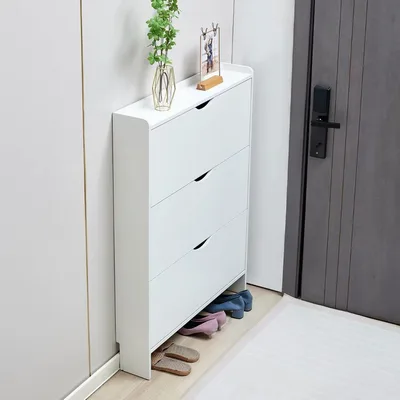 Handleless White Three-Flip Shoe Cabinet for Entryway Storage