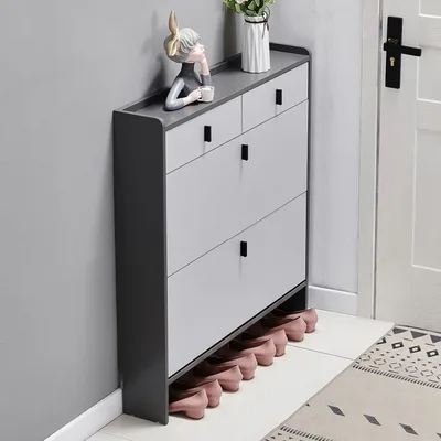 Grey Two-Flip Shoe Cabinet with Drawer for Hallway Storage
