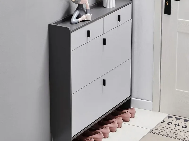 Grey Two-Flip Shoe Cabinet with Drawer for Hallway Storage
