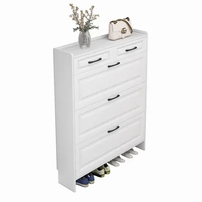 White Ribbed-Front Shoe Cabinet with Drawers and Bottom Shoe Shelf