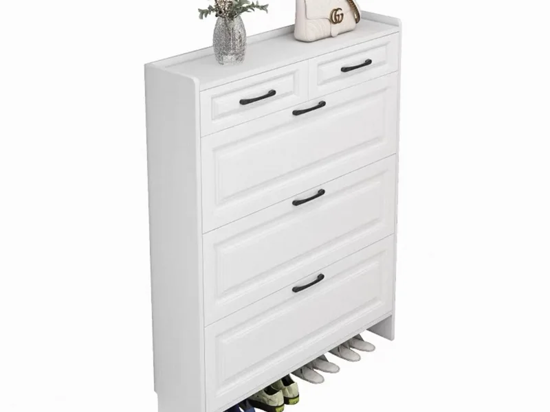 White Ribbed-Front Shoe Cabinet with Drawers and Bottom Shoe Shelf