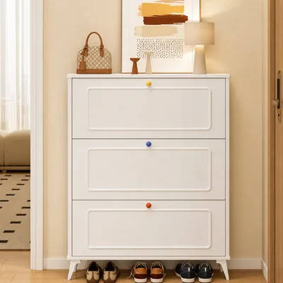 French White Three-Flip Shoe Cabinet with Decorative Knobs