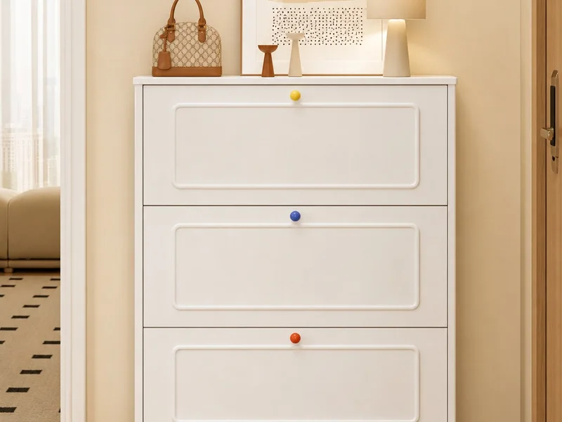 French White Three-Flip Shoe Cabinet with Decorative Knobs