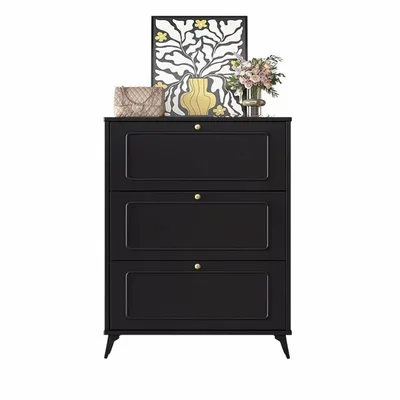French Black Three-Flip Shoe Cabinet for Entryway Shoe Storage