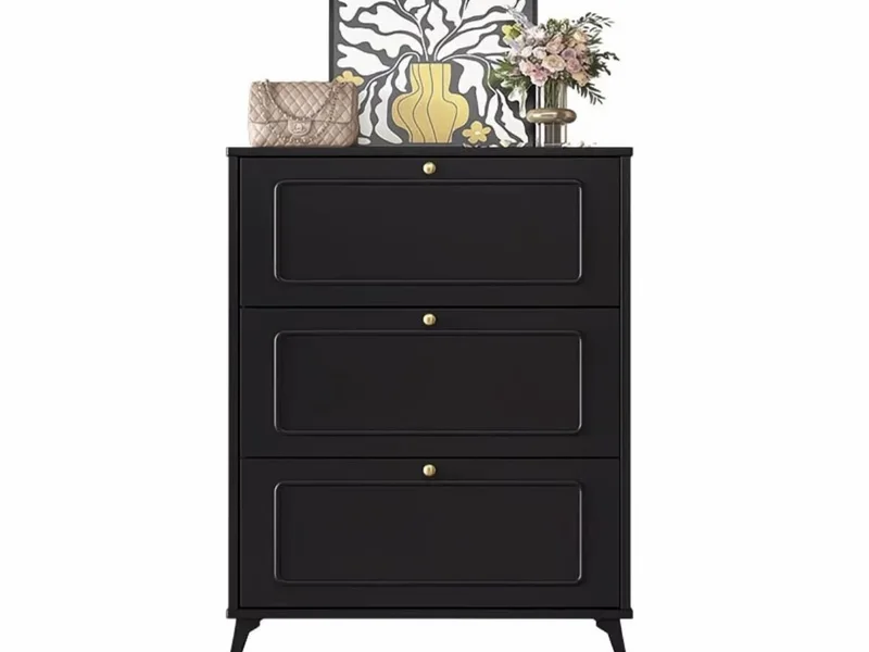 French Black Three-Flip Shoe Cabinet for Entryway Shoe Storage