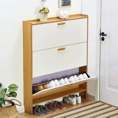 Oak and White Three-Flip Shoe Cabinet with Open Shoe Shelf