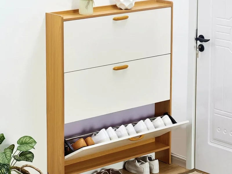 Oak and White Three-Flip Shoe Cabinet with Open Shoe Shelf