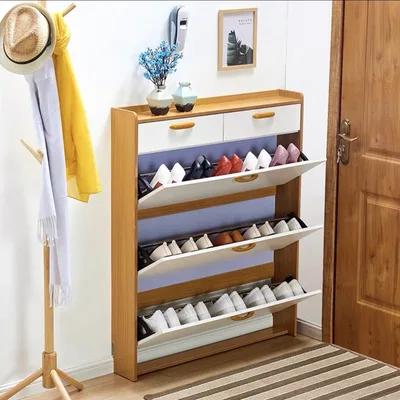Oak and White Shoe Cabinet with Drawers and Open Shelf