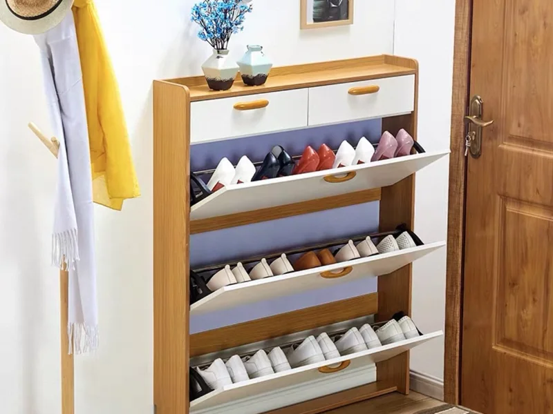 Oak and White Shoe Cabinet with Drawers and Open Shelf