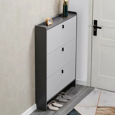 Slim Grey Two-Tone Three-Flip Shoe Cabinet